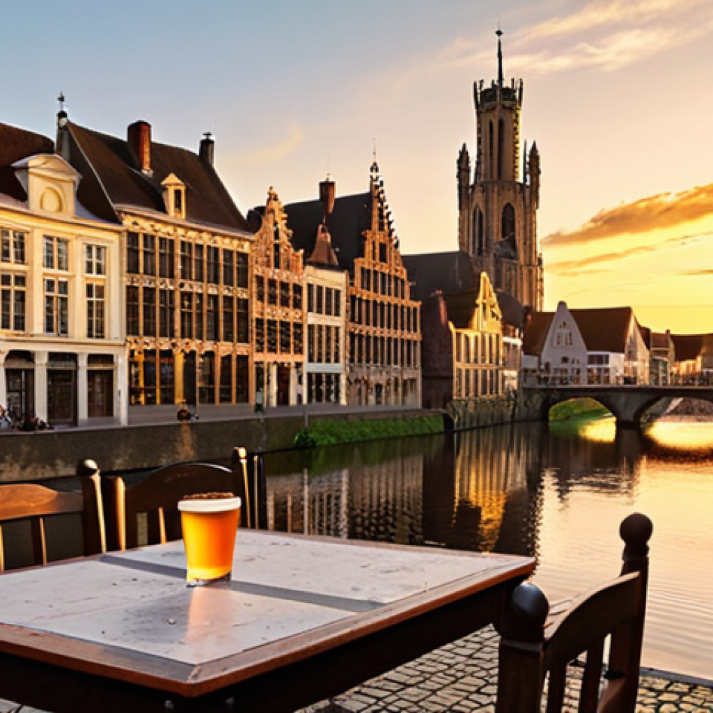 **

Prompt: Medieval Ghent, Graslei and Korenlei quays along the Lys River at sunset, golden light reflecting on guild houses, Belfort tower in the background, Belgian beer on a terrace table. Keywords: Flanders, Belgium, canals, architecture, history.

**