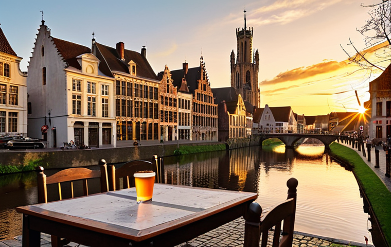 **
Prompt: Medieval Ghent, Graslei and Korenlei quays along the Lys River at sunset, golden light reflecting on guild houses, Belfort tower in the background, Belgian beer on a terrace table. Keywords: Flanders, Belgium, canals, architecture, history.
**