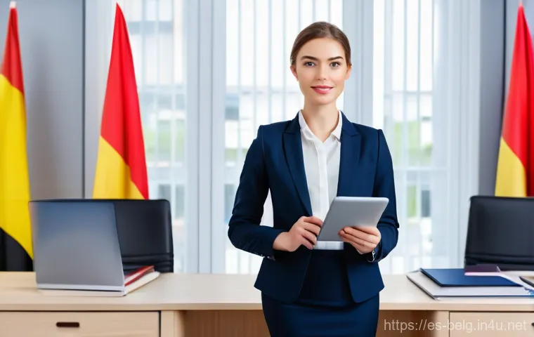 벨기에 법인 설립 절차 - A bright, clean image of a young, professionally dressed entrepreneur, approximately 20s-30s, male o...