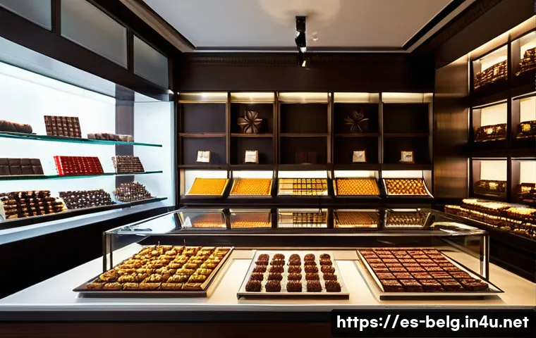 벨기에 쇼핑 명소 - **Prompt for Belgian Chocolatier:**
    "A charming, traditional Belgian chocolate shop interior. An...
