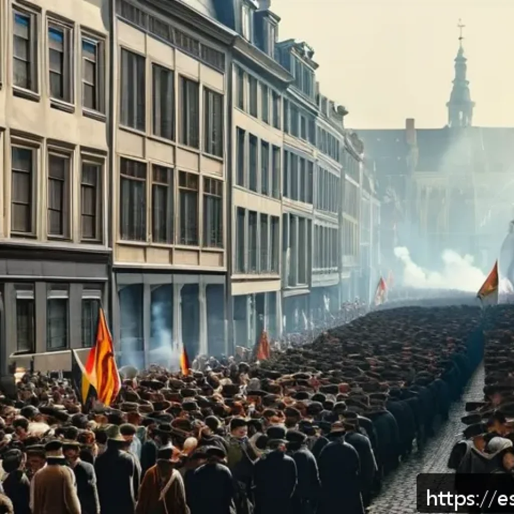 벨기에 독립운동 - A detailed 19th-century street scene in Brussels during the Belgian Revolution of 1830, showing a cr...