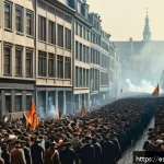벨기에 독립운동 - A detailed 19th-century street scene in Brussels during the Belgian Revolution of 1830, showing a cr...