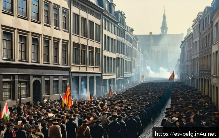 벨기에 독립운동 - A detailed 19th-century street scene in Brussels during the Belgian Revolution of 1830, showing a cr...