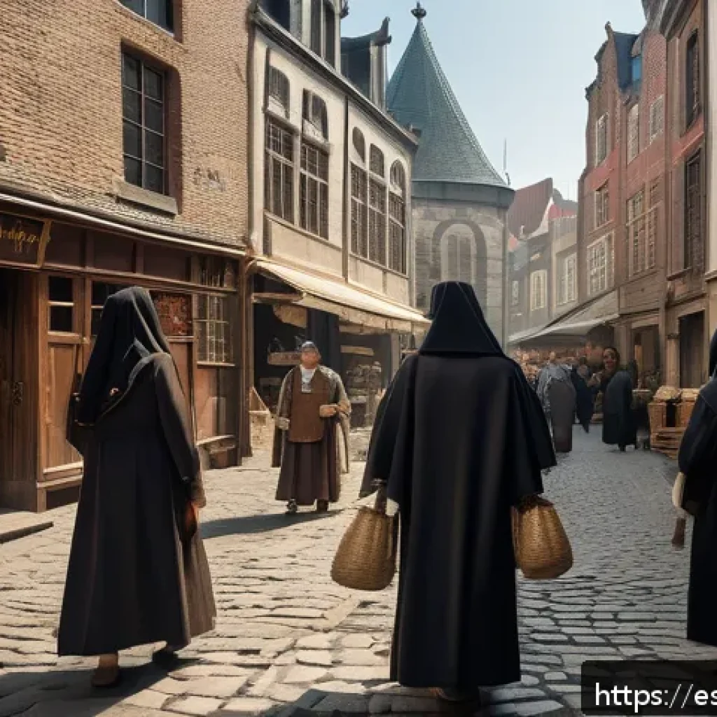 벨기에 유대인 역사 - A detailed historical scene depicting a medieval Jewish community in Antwerp, Belgium, during the Mi...