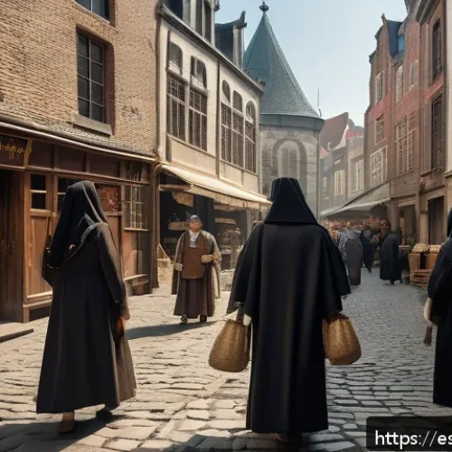 벨기에 유대인 역사 - A detailed historical scene depicting a medieval Jewish community in Antwerp, Belgium, during the Mi...