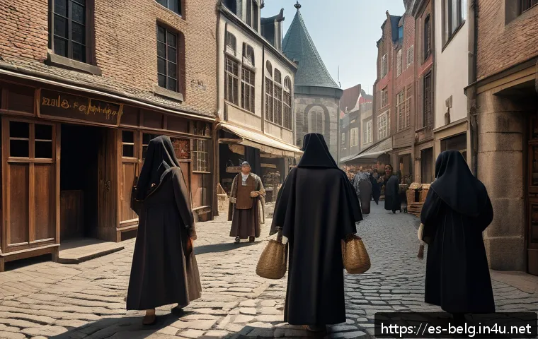 벨기에 유대인 역사 - A detailed historical scene depicting a medieval Jewish community in Antwerp, Belgium, during the Mi...