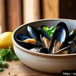벨기에 홍합 요리 - A rustic kitchen scene featuring a large pot of freshly steamed mussels with open shells, glistening...
