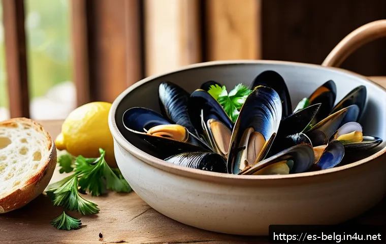 벨기에 홍합 요리 - A rustic kitchen scene featuring a large pot of freshly steamed mussels with open shells, glistening...