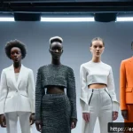 벨기에 패션 산업 - A contemporary Belgian fashion designer studio showcasing a bold, experimental collection blending t...