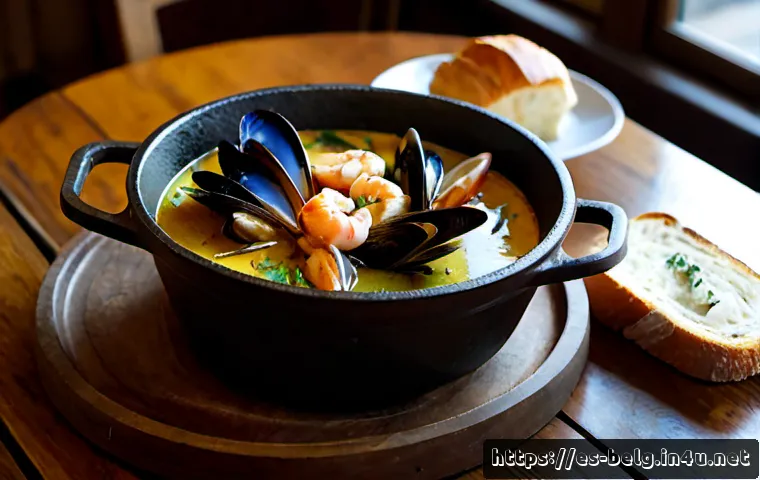 Home 17 벨기에 해산물 요리 - Photorealistic Belgian seafood stew served in a rustic cast-iron pot, mussels, North Sea shrimp, whi...