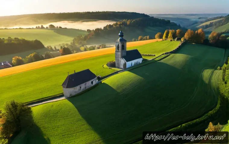 벨기에 왈롱 지역 - Photorealistic panoramic view of the Walloon countryside in Belgium, rolling green hills and patchwo...