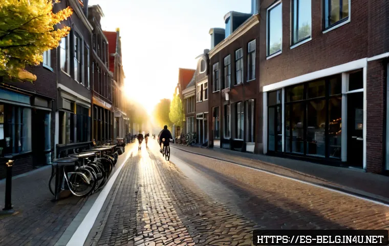 Home 17 벨기에 네덜란드어권 - Photorealistic morning street scene in a Dutch-speaking Belgian town, elegant brick row houses, cycl...