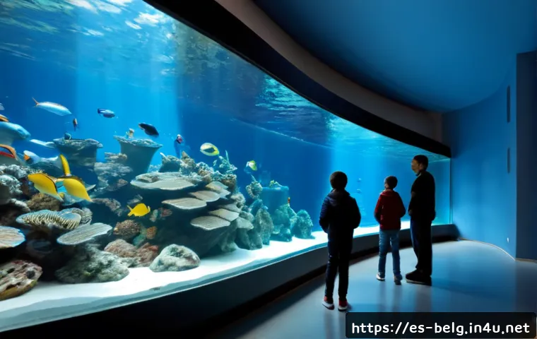 벨기에 수족관 - Photorealistic wide interior of a modern public aquarium in Belgium, a Spanish-speaking family with ...
