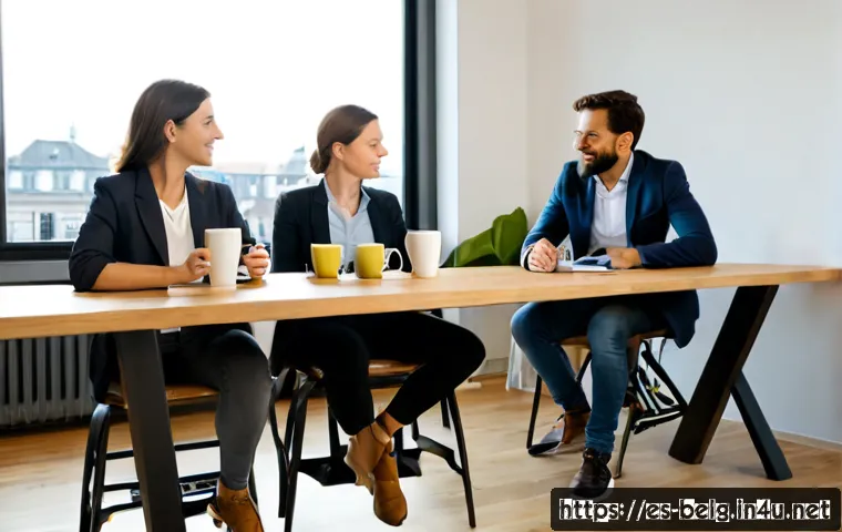 벨기에 노동 환경 - Photorealistic Belgian workplace scene in a modern Brussels office, diverse adult colleagues in smar...
